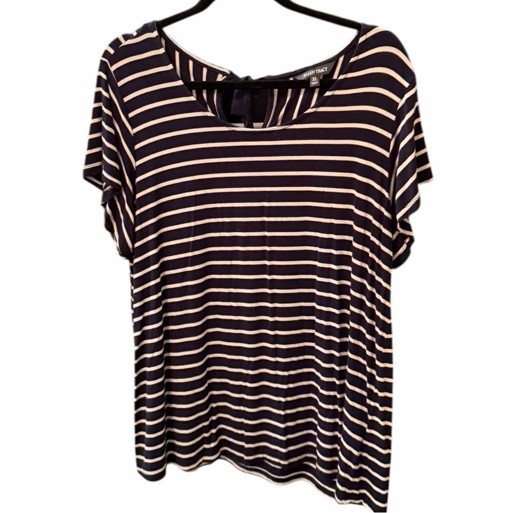 Ellen Tracy Black and Cream Striped Short Sleeve Tee